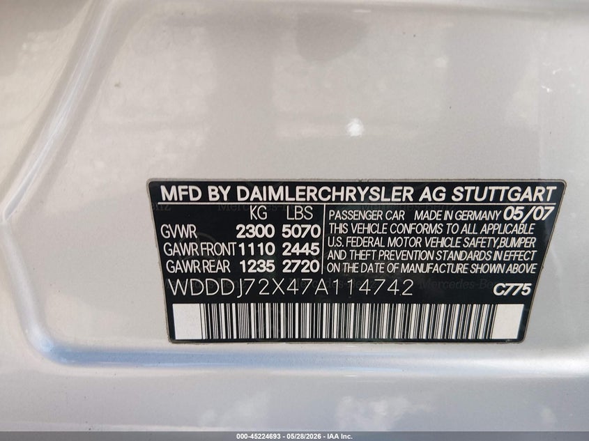 2007 Mercedes-Benz Cls 550 VIN: WDDDJ72X47A114742 Lot: 45224693