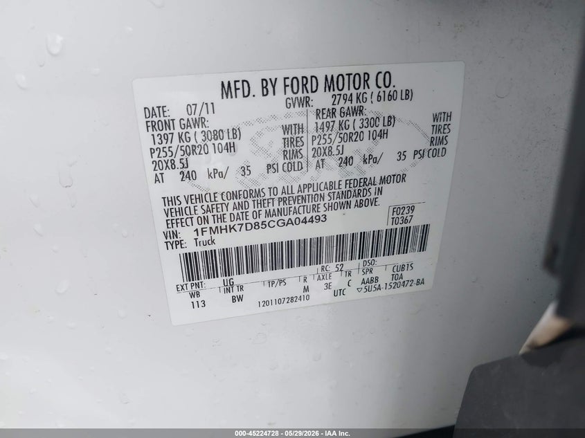 2012 Ford Explorer 3.5 Xlt white Lot 111045224728 Vin 1FMHK7D85CGA04493
