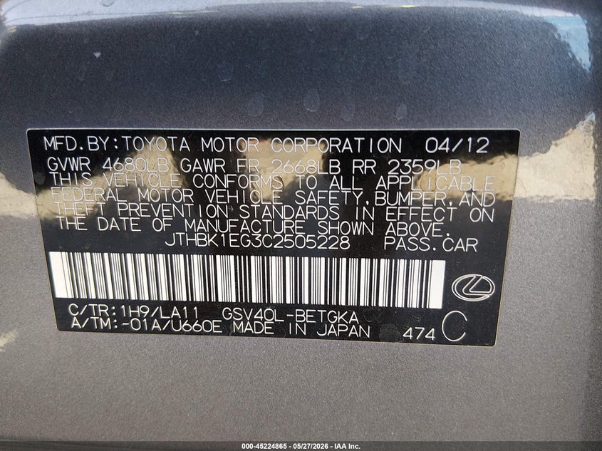 2012 Lexus ES 3.5 Es 350 grey Lot 111045224865 Vin JTHBK1EG3C2505228