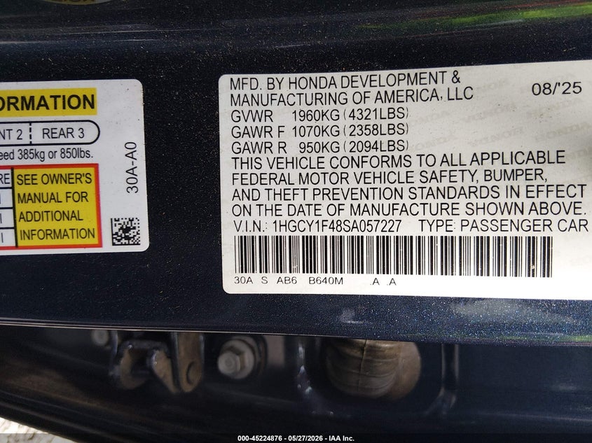 VIN 1HGCY1F48SA057227 2025 HONDA ACCORD SE