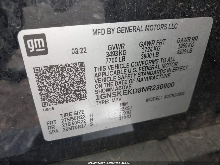 2022 Chevrolet Suburban 4Wd Rst VIN: 1GNSKEKD8NR230900 Lot: 45224877