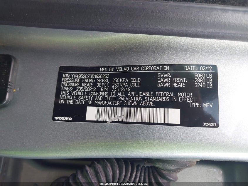 2013 Volvo Xc90 3.2/3.2 Platinum/3.2 Premier Plus VIN: YV4952CZ3D1636262 Lot: 45224901