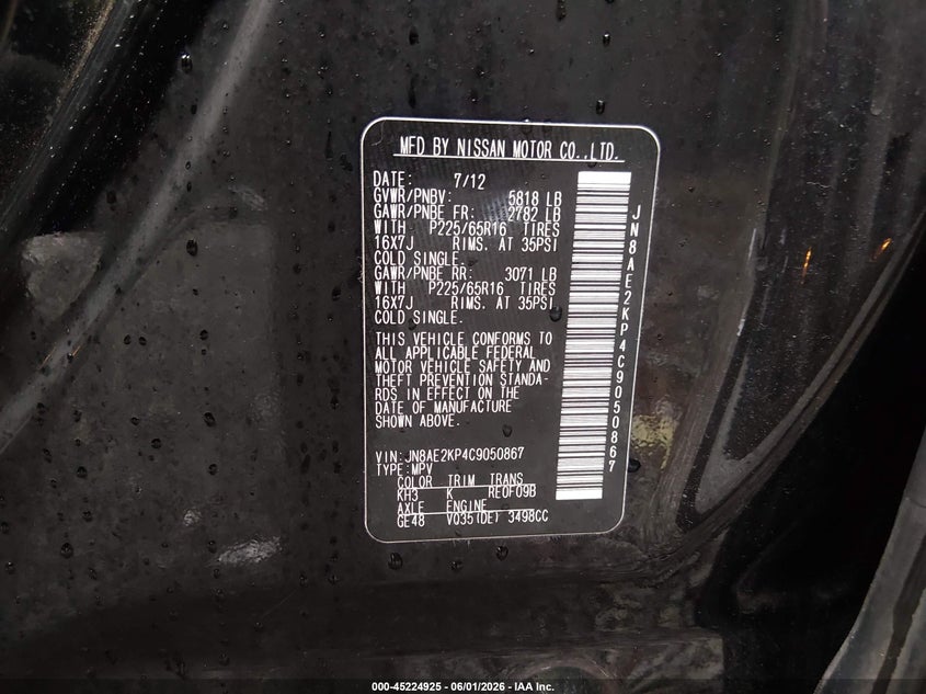2012 Nissan Quest Sv VIN: JN8AE2KP4C9050867 Lot: 45224925