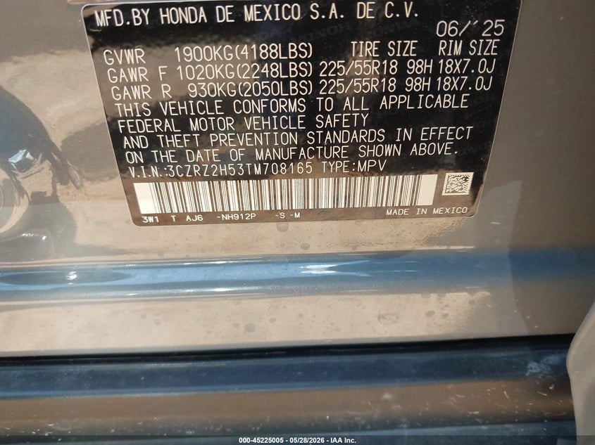 VIN 3CZRZ2H53TM708165 2026 HONDA HR-V AWD SPORT