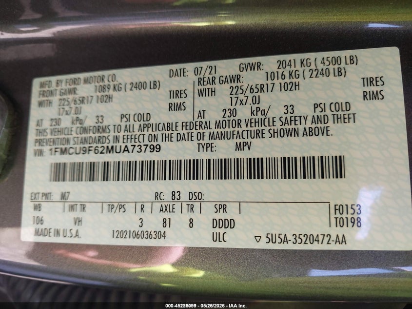 2021 Ford Escape S VIN: 1FMCU9F62MUA73799 Lot: 45225099