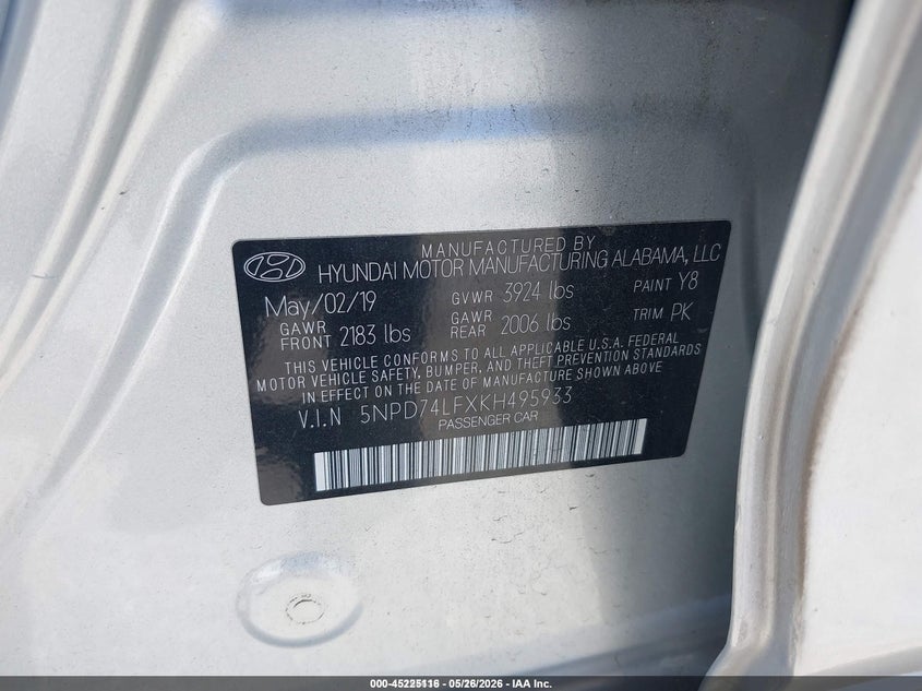 2019 Hyundai Elantra Se VIN: 5NPD74LFXKH495933 Lot: 45225116