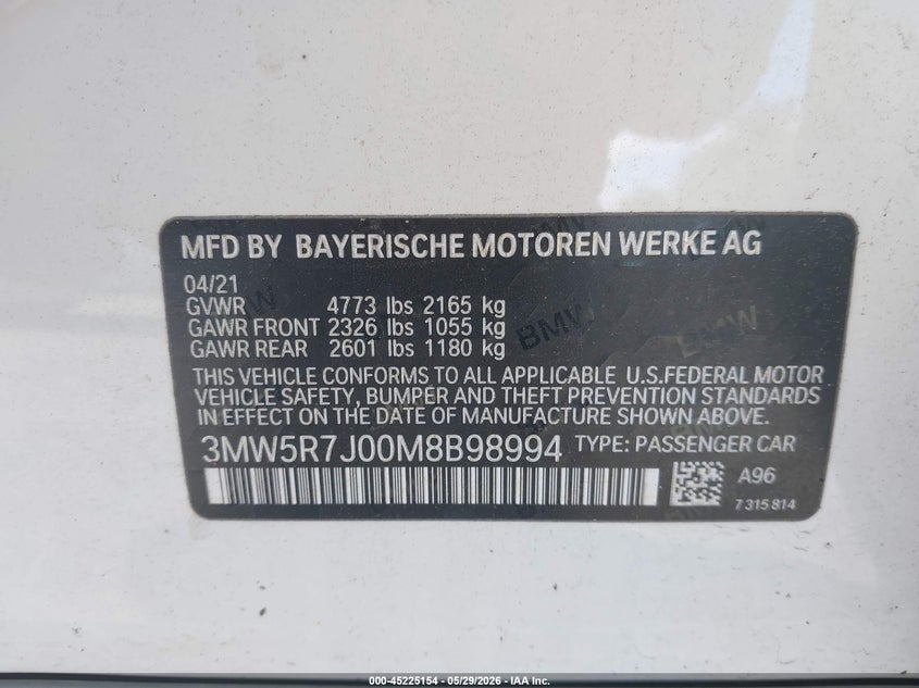 2021 BMW 330I xDrive VIN: 3MW5R7J00M8B98994 Lot: 45225154