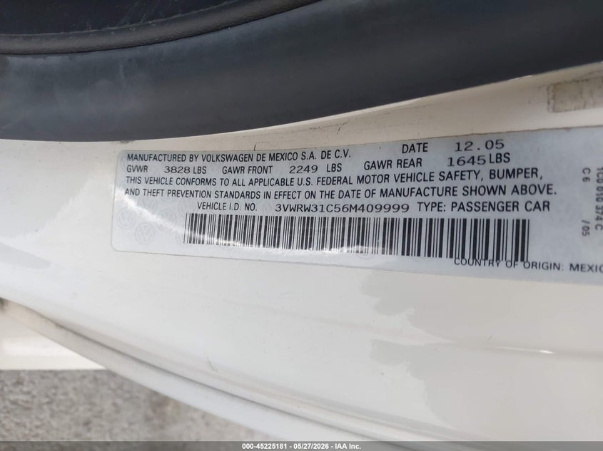 2006 Volkswagen New Beetle 2.5/2.5 (A6) VIN: 3VWRW31C56M409999 Lot: 45225181