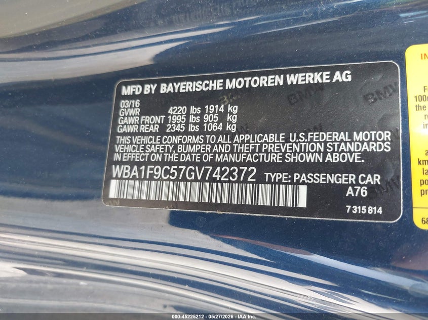 2016 BMW 228I VIN: WBA1F9C57GV742372 Lot: 45225212