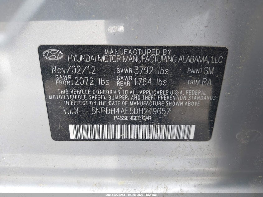 HYUNDAI ELANTRA 2013 VIN 5NPDH4AE5DH249057