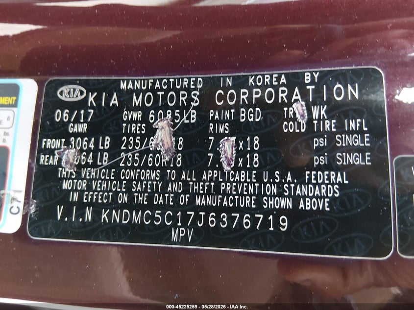 2018 Kia Sedona Ex VIN: KNDMC5C17J6376719 Lot: 45225259