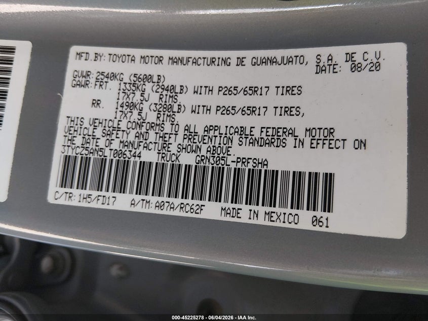 2020 Toyota Tacoma Trd Sport VIN: 3TYCZ5AN5LT006344 Lot: 45225278