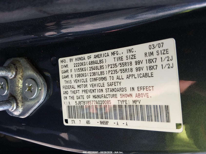 2007 Acura Rdx VIN: 5J8TB18577A020085 Lot: 45225287