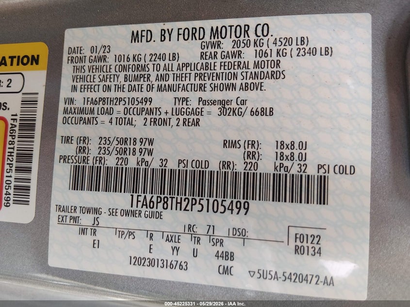 VIN 1FA6P8TH2P5105499 2023 FORD MUSTANG ECOBOOST PREMIUM FASTBACK