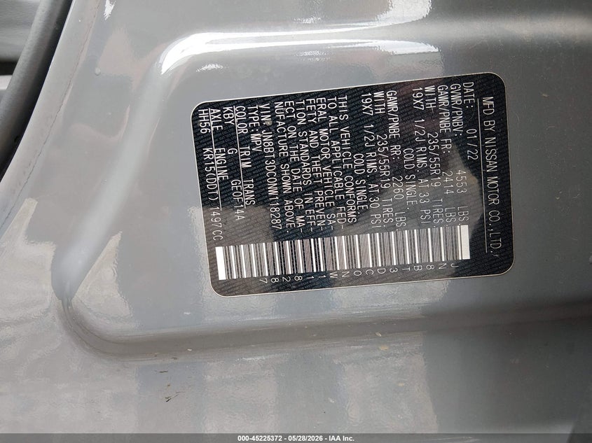 2022 Nissan Rogue Platinum Fwd VIN: JN8BT3DC0NW118287 Lot: 45225372