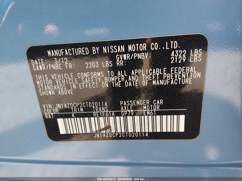 2012 Nissan Leaf Sl VIN: JN1AZ0CP2CT020114 Lot: 45225412