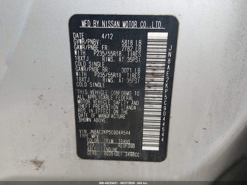 2012 Nissan Quest Le VIN: JN8AE2KP5C9044544 Lot: 45225421