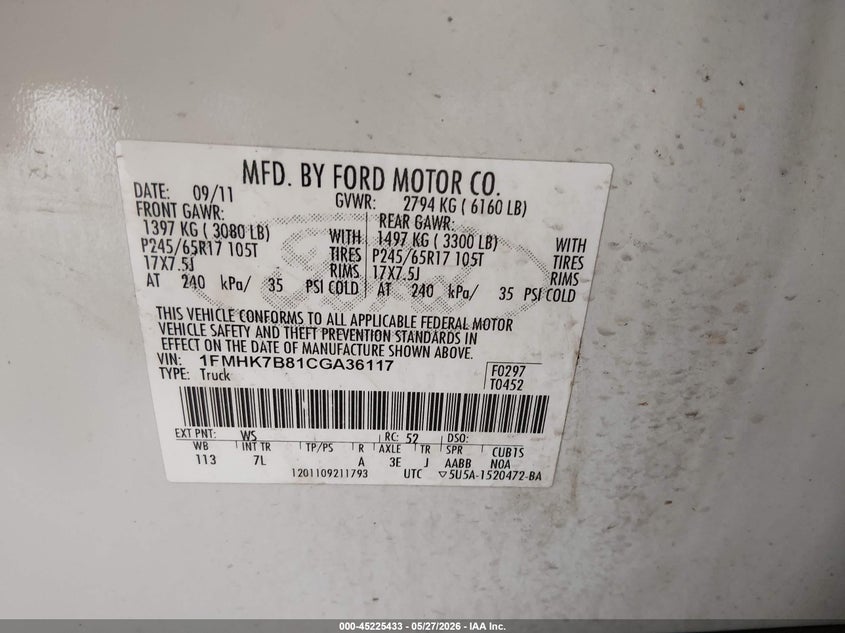 2012 Ford Explorer 3.5 cream Lot 111045225433 Vin 1FMHK7B81CGA36117