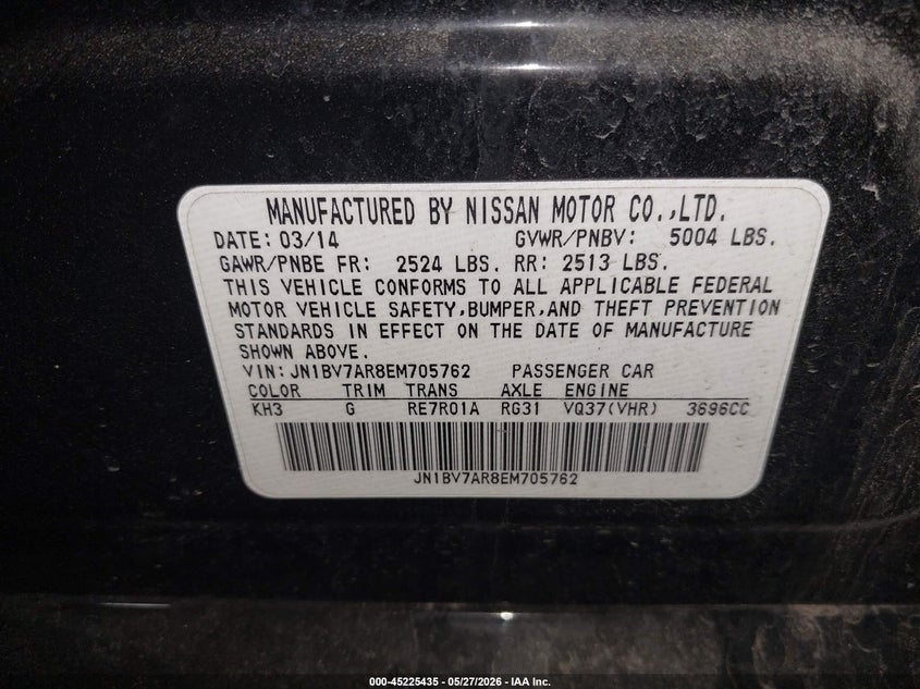2014 Infiniti Q50 Premium VIN: JN1BV7AR8EM705762 Lot: 45225435