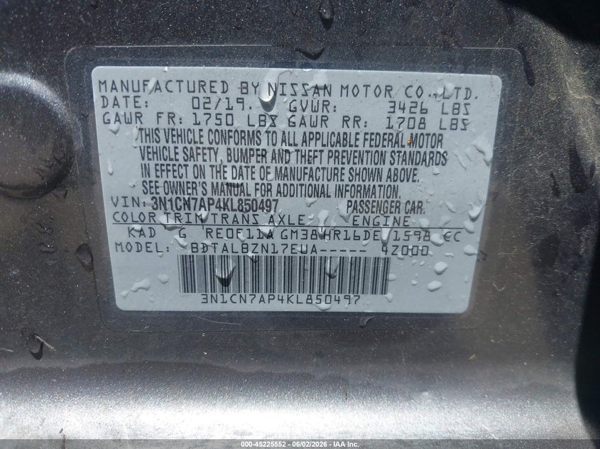 2019 Nissan Versa 1.6 Sv VIN: 3N1CN7AP4KL850497 Lot: 45225552