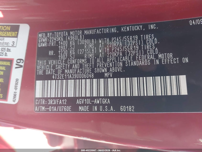 2009 Toyota Venza VIN: 4T3ZE11A39U006048 Lot: 45225567