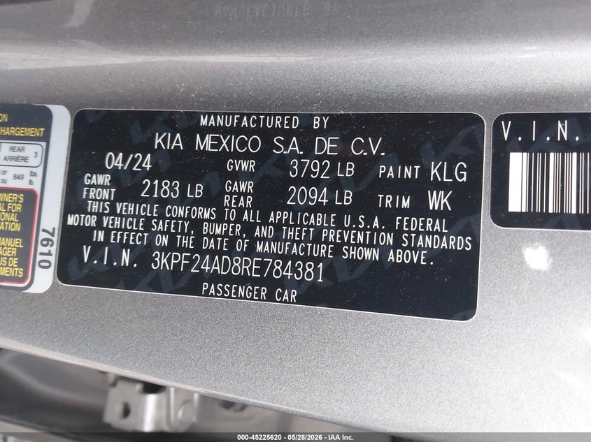 VIN 3KPF24AD8RE784381 2024 KIA FORTE LXS