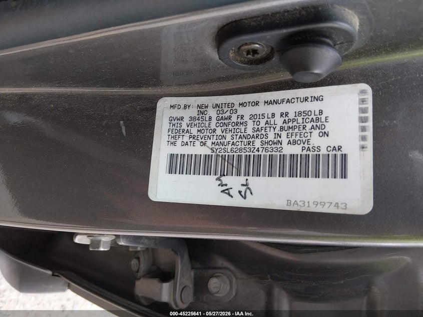 2003 Pontiac Vibe VIN: 5Y2SL62853Z476332 Lot: 45225641