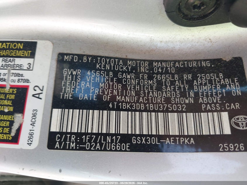 2011 Toyota Avalon Limited VIN: 4T1BK3DB1BU375032 Lot: 45225723