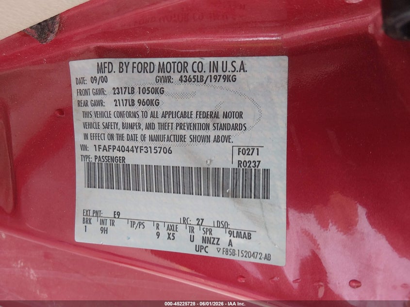 2000 Ford Mustang VIN: 1FAFP4044YF315706 Lot: 45225728