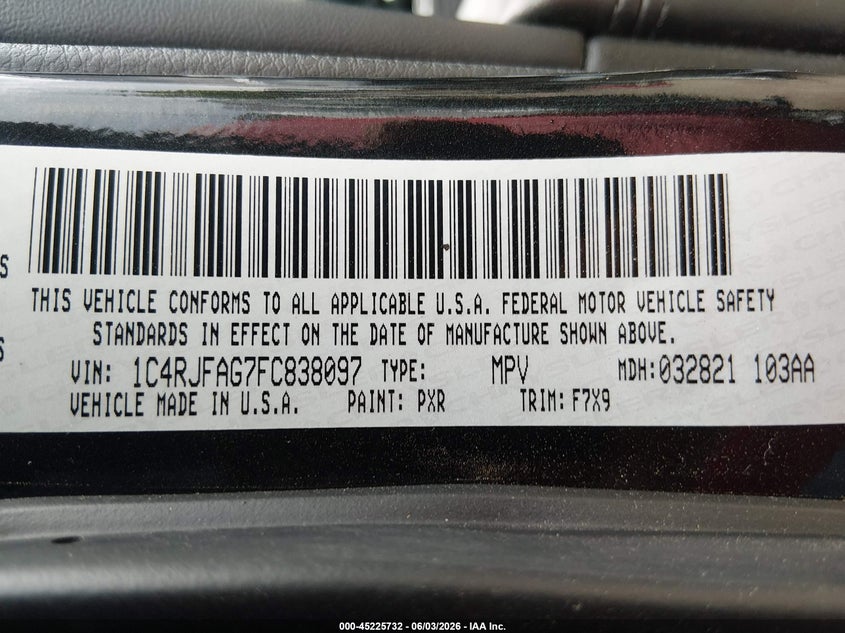 2015 Jeep Grand Cherokee Laredo VIN: 1C4RJFAG7FC838097 Lot: 45225732