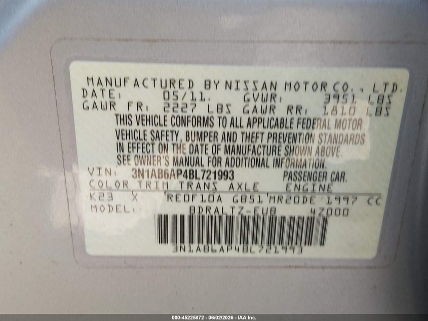 2011 Nissan Sentra 2.0S VIN: 3N1AB6AP4BL721993 Lot: 45225872