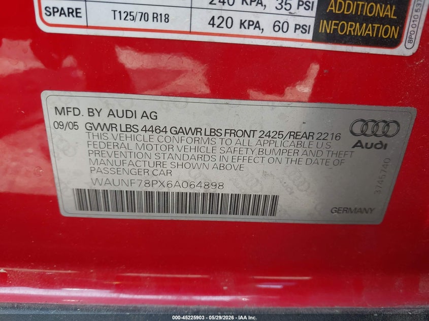 2006 Audi A3 2.0T VIN: WAUNF78PX6A064898 Lot: 45225903