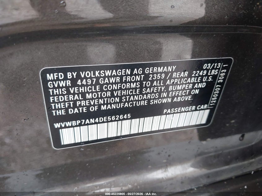 2013 Volkswagen Cc 2.0T Sport VIN: WVWBP7AN4DE562645 Lot: 45225905