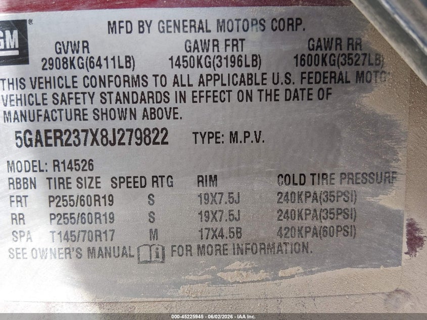 2008 Buick Enclave Cxl VIN: 5GAER237X8J279822 Lot: 45225945