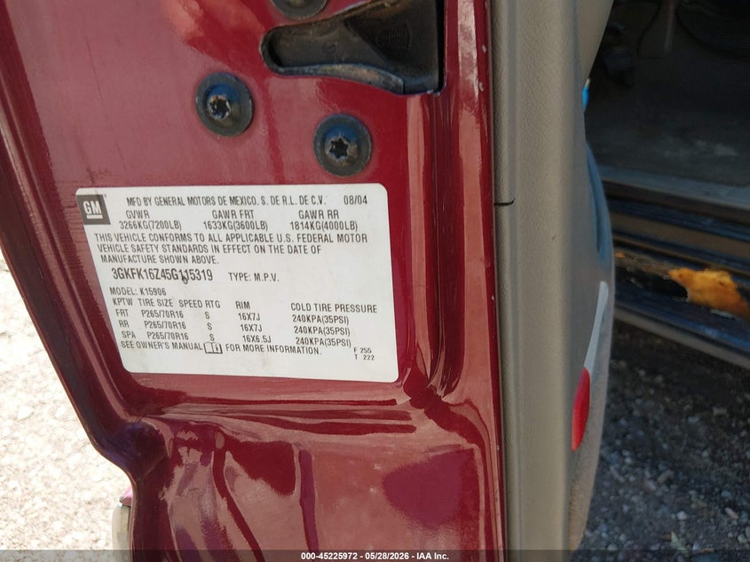 2005 GMC Yukon Xl 1500 Sle VIN: 3GKFK16Z45G115319 Lot: 45225972