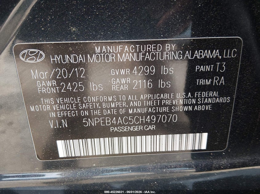2012 Hyundai Sonata 2.4 Gls grey Lot 111045226021 Vin 5NPEB4AC5CH497070