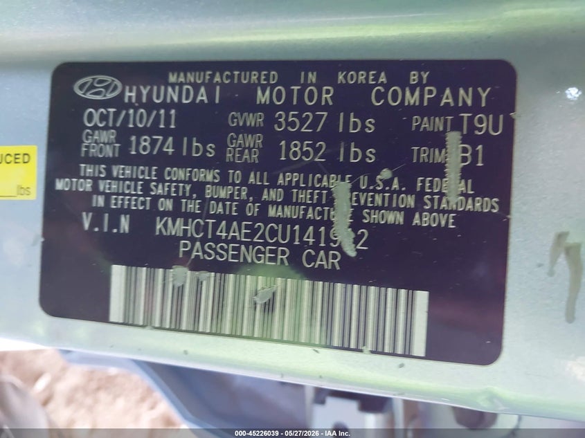 2012 Hyundai Accent Gls VIN: KMHCT4AE2CU141912 Lot: 45226039