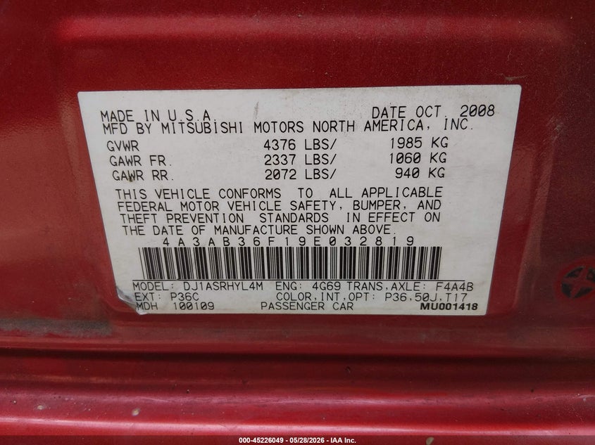 2009 Mitsubishi Galant Es/Sport Edition VIN: 4A3AB36F19E032819 Lot: 45226049