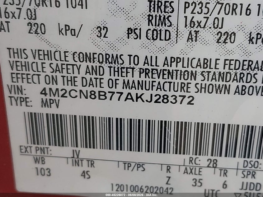 2010 MERCURY MARINER SPORT UTILITY VEHICLE 2.5L I-4 DOHC, VVT, 171HP