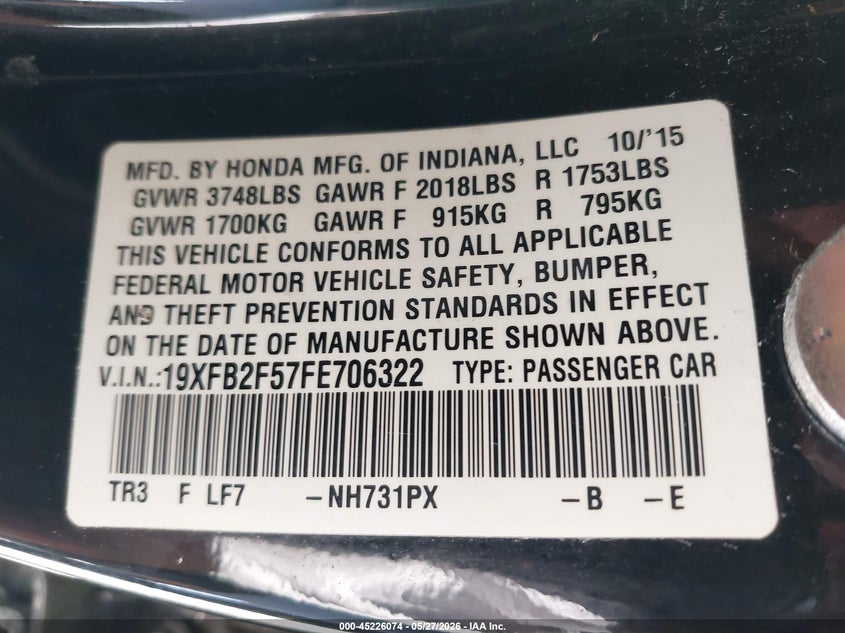 2015 HONDA CIVIC SEDAN 1.8L I-4 VVT, 143HP