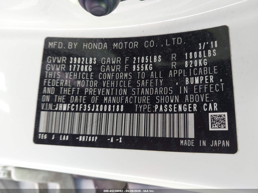 VIN JHMFC1F35JX008188 2018 HONDA CIVIC EX-T