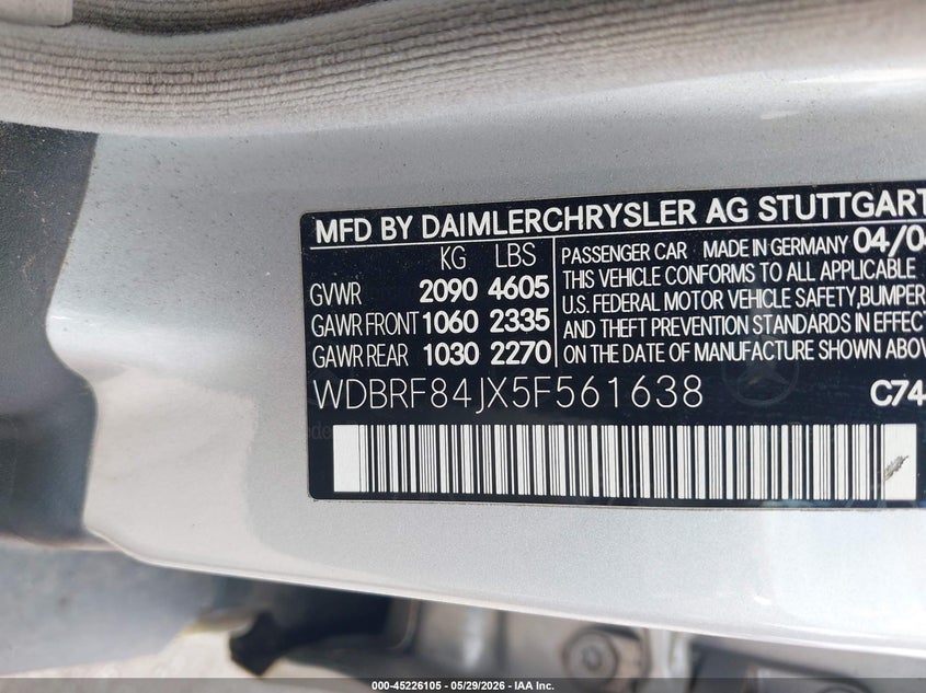 2005 Mercedes-Benz C 320 Luxury 4Matic VIN: WDBRF84JX5F561638 Lot: 45226105