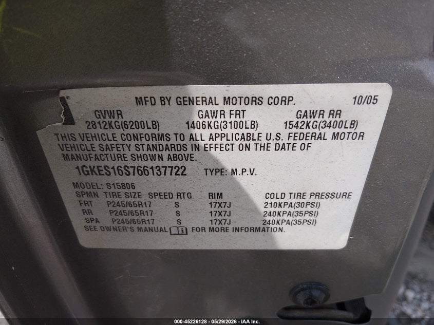 2006 GMC Envoy Xl Sle VIN: 1GKES16S766137722 Lot: 45226128