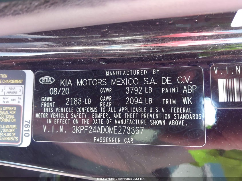 VIN 3KPF24AD0ME273367 2021 KIA FORTE LXS
