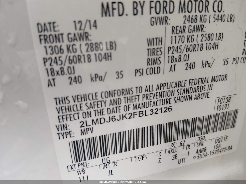 2015 Lincoln Mkx VIN: 2LMDJ6JK2FBL32126 Lot: 45226187