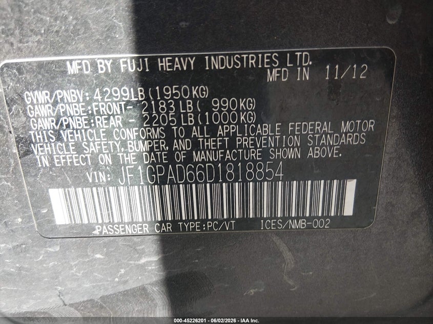 2013 Subaru Impreza 2.0I Premium VIN: JF1GPAD66D1818854 Lot: 45226201