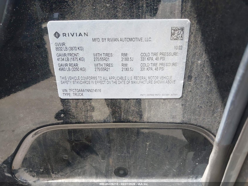 2022 Rivian R1T Adventure VIN: 7FCTGAAA1NN014516 Lot: 45226215