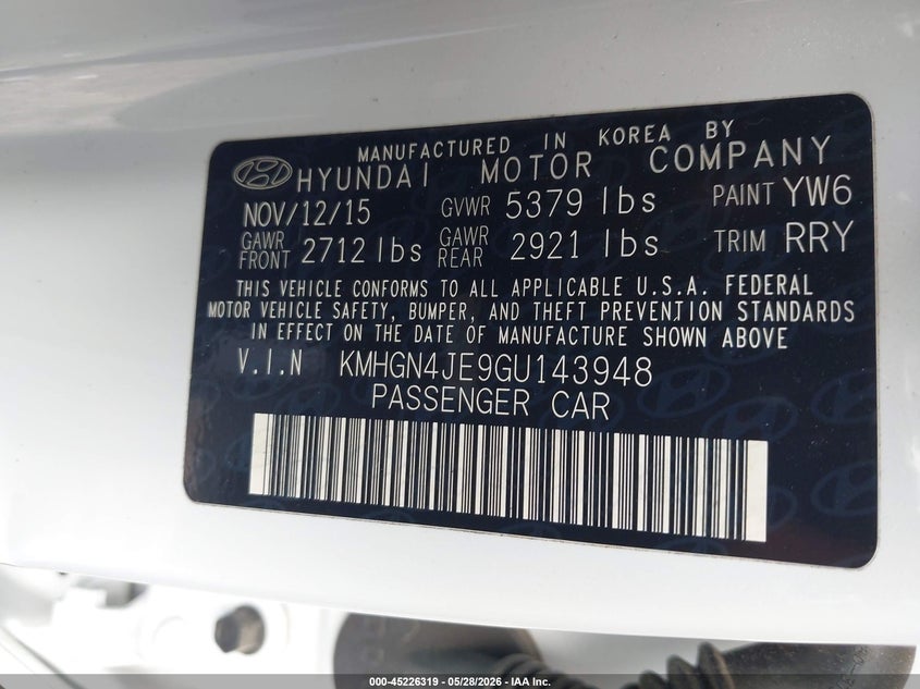 2016 Hyundai Genesis 3.8 VIN: KMHGN4JE9GU143948 Lot: 45226319