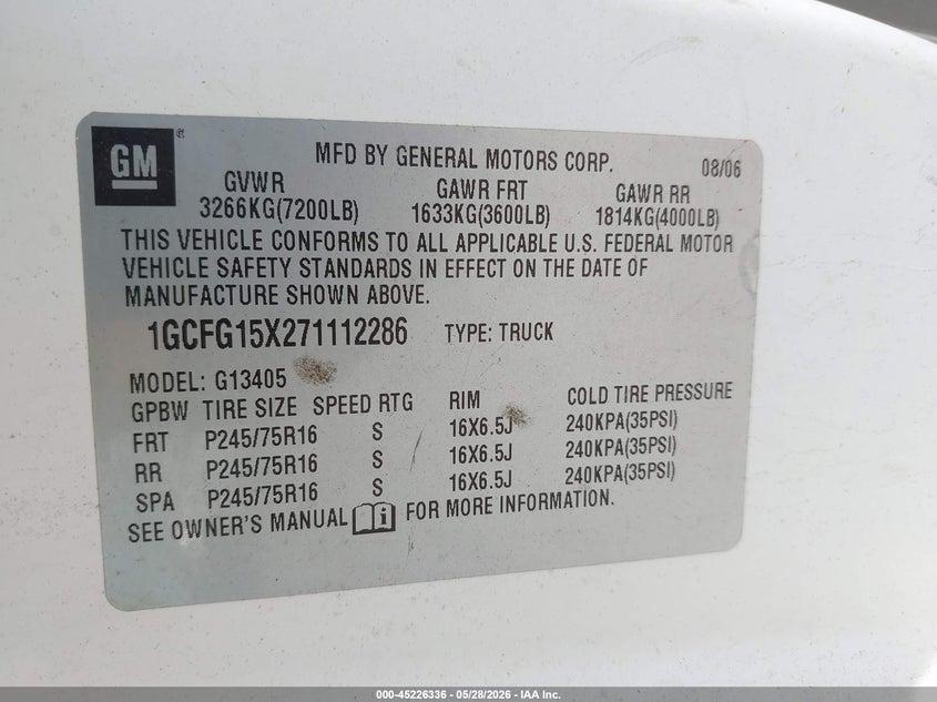 2007 Chevrolet Express Work Van VIN: 1GCFG15X271112286 Lot: 45226336