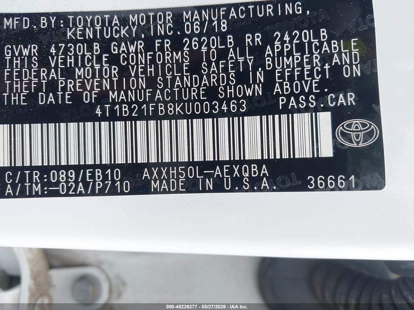 2019 Toyota Avalon Hybrid Xse VIN: 4T1B21FB8KU003463 Lot: 45226377